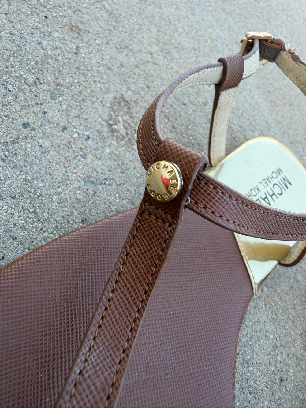 Michael Kors Brown and Gold Leather Thong Sandals - Picture 2 of 6